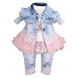 De feuilles Baby Mädchen Bekleidungsset 3 Stück Spitzen Blusen Denim Jacke Lang Hosen Kleinkinder...