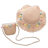 Asudaro Gekräuselter Strohhut und Kleine Tasche Set Mädchen Sommerhut Strandhut mit Farbiger...