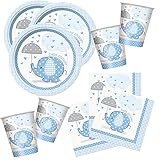 Unique 48-teiliges Party Set Baby Elefant blau - Babyparty - Teller, Becher, Servietten für 16...